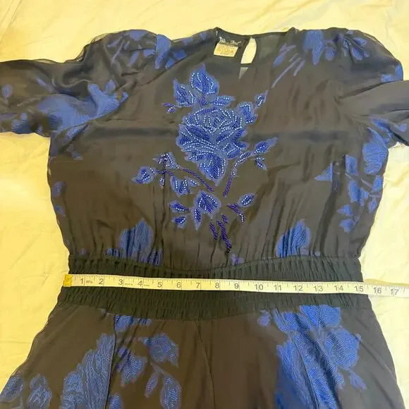 Vintage Diane Freis Silk Dress Beaded Floral Smocked Waist Hong Kong